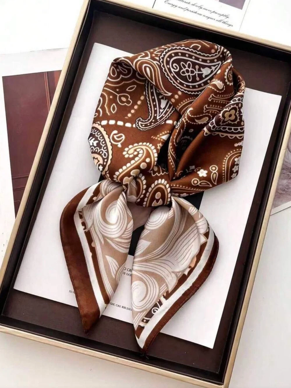 Silky Brown Cashew Paisley & Cream Printed Neck Scarf